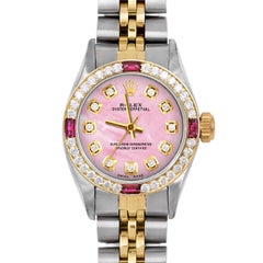 Rolex Ladies TT Oyster Perpetual Pink MOP Diamond Dial Ruby Diamond Bezel Watch