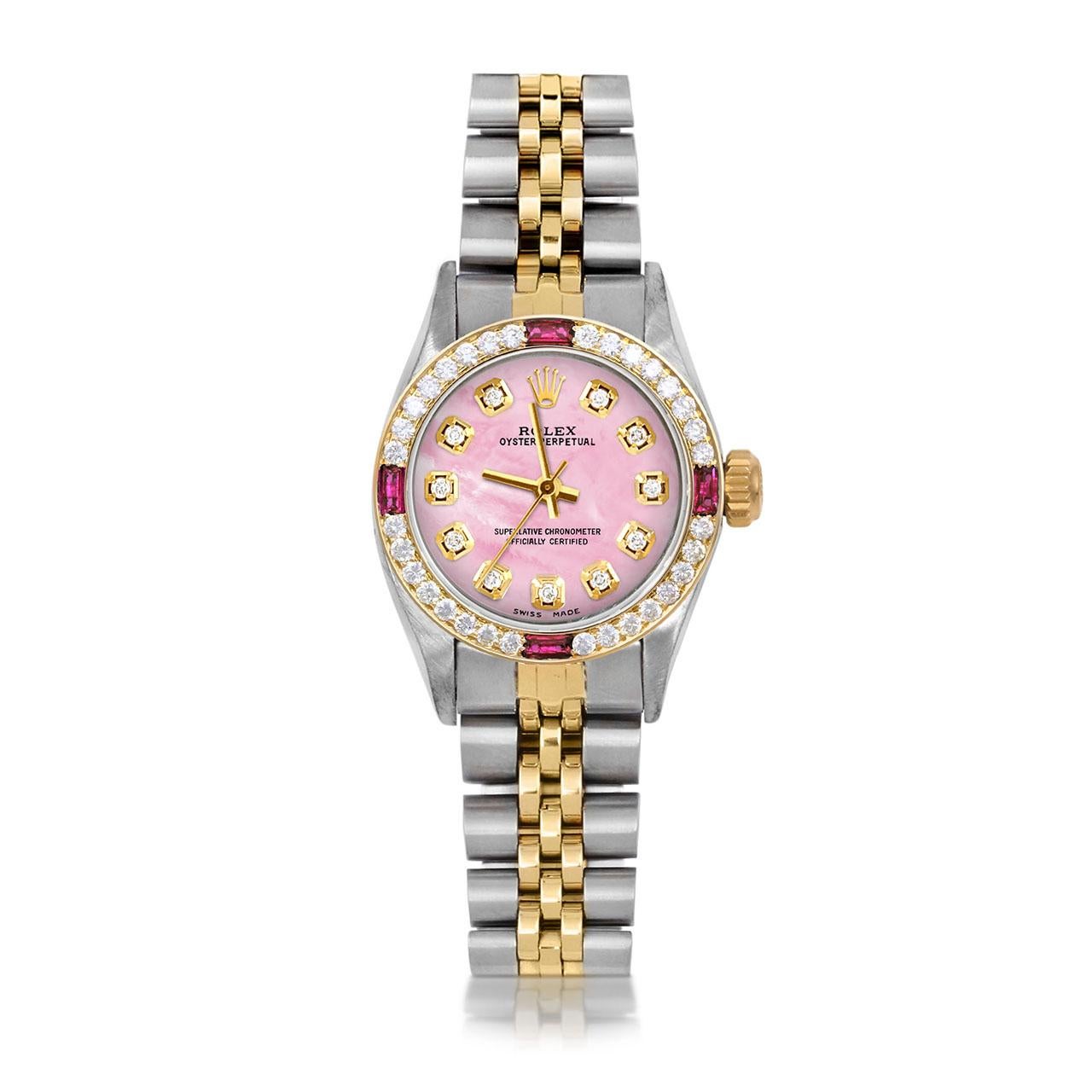 Perle Rolex Montre Oyster Perpetual TT rose avec cadran en diamants et lunette en rubis et diamants, pour femmes en vente