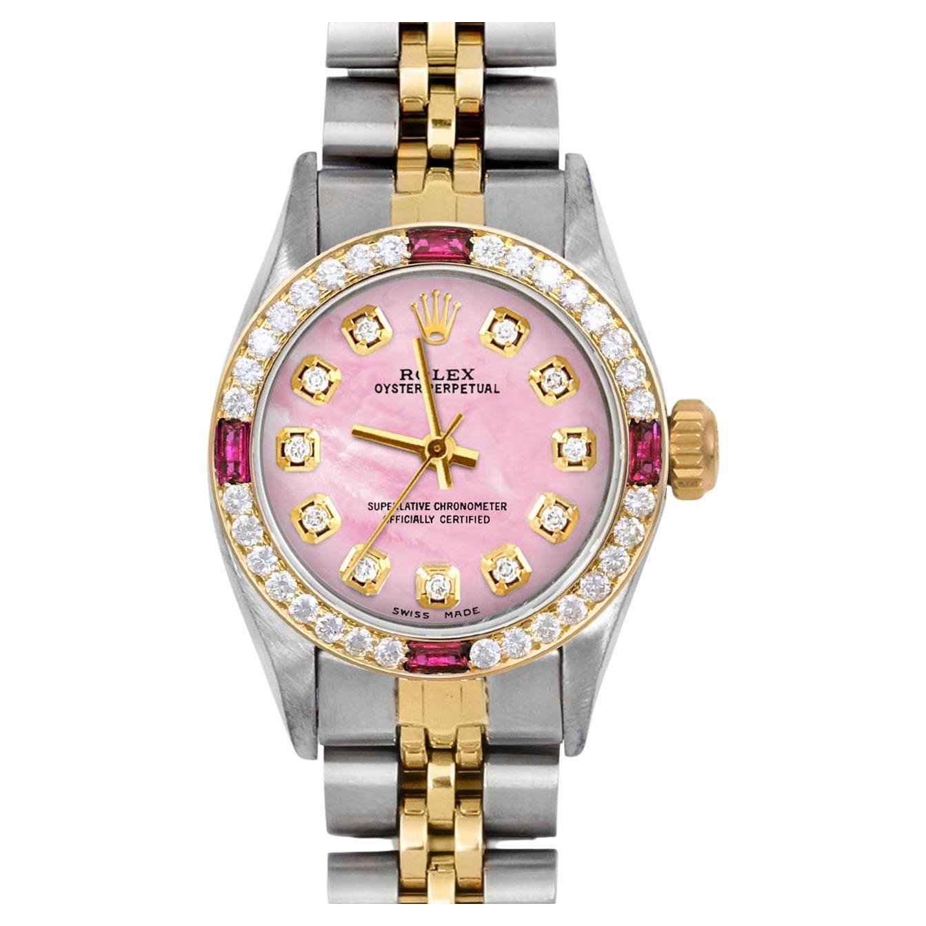 Rolex Ladies TT Oyster Perpetual Pink MOP Diamond Dial Ruby Diamond Bezel Watch