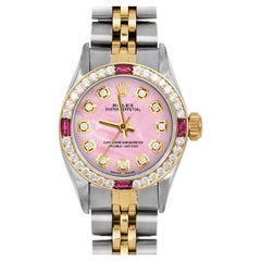 Used Rolex Ladies TT Oyster Perpetual Pink MOP Diamond Dial Ruby Diamond Bezel Watch