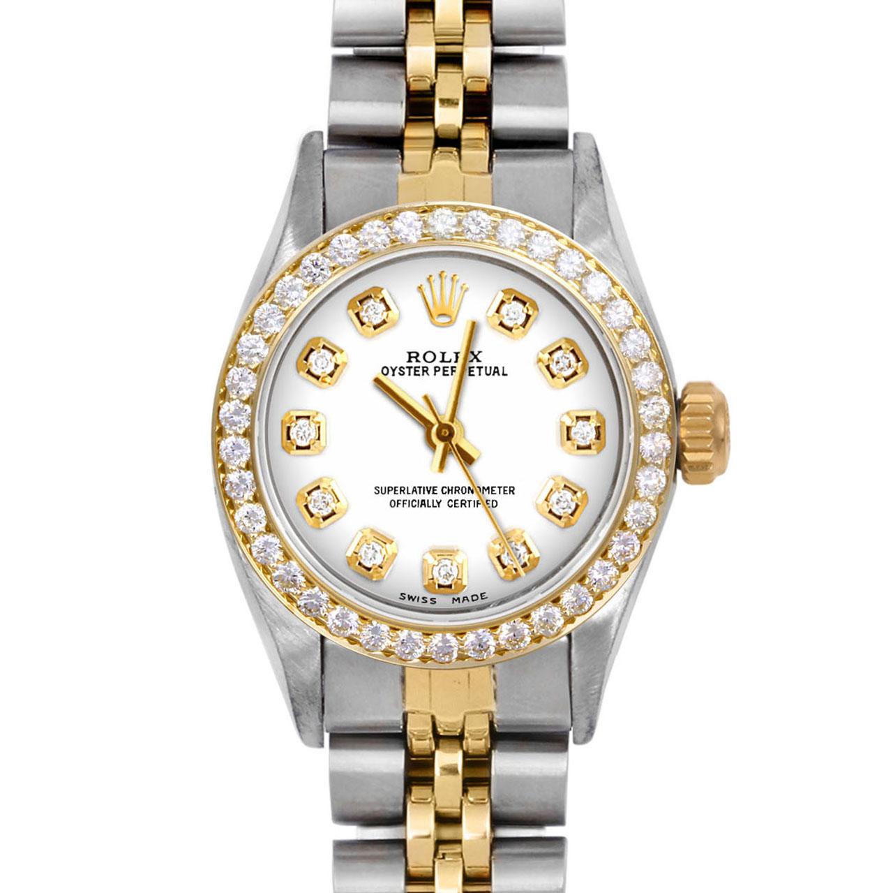 Brand : Rolex
Model : Oyster Perpetual 
Gender : Ladies
Metals : 14K Yellow Gold / Stainless Steel
Case Size : 24 mm

Dial : Custom White Diamond Dial (This dial is not original Rolex And has been added aftermarket yet is a beautiful Custom
