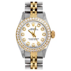 Rolex Ladies TT Oyster Perpetual White Diamond Dial Diamond Bezel Jubilee Watch