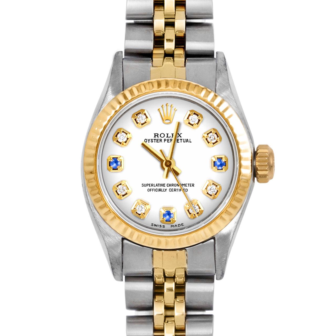 Brand : Rolex
Model : Oyster Perpetual 
Gender : Ladies
Metals : 14K Yellow Gold / Stainless Steel
Case Size : 24 mm
Dial : Custom Sapphire Diamond Dial (This dial is not original Rolex And has been added aftermarket yet is a beautiful Custom