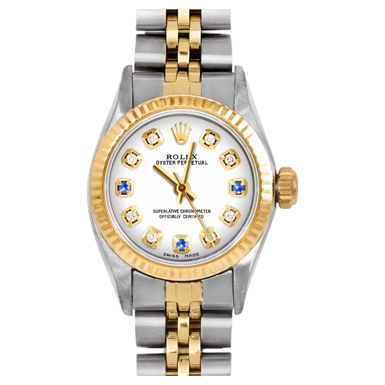 Rolex Ladies TT Oyster Perpetual White Sapphire Diamond Dial Jubilee Band Watch For Sale