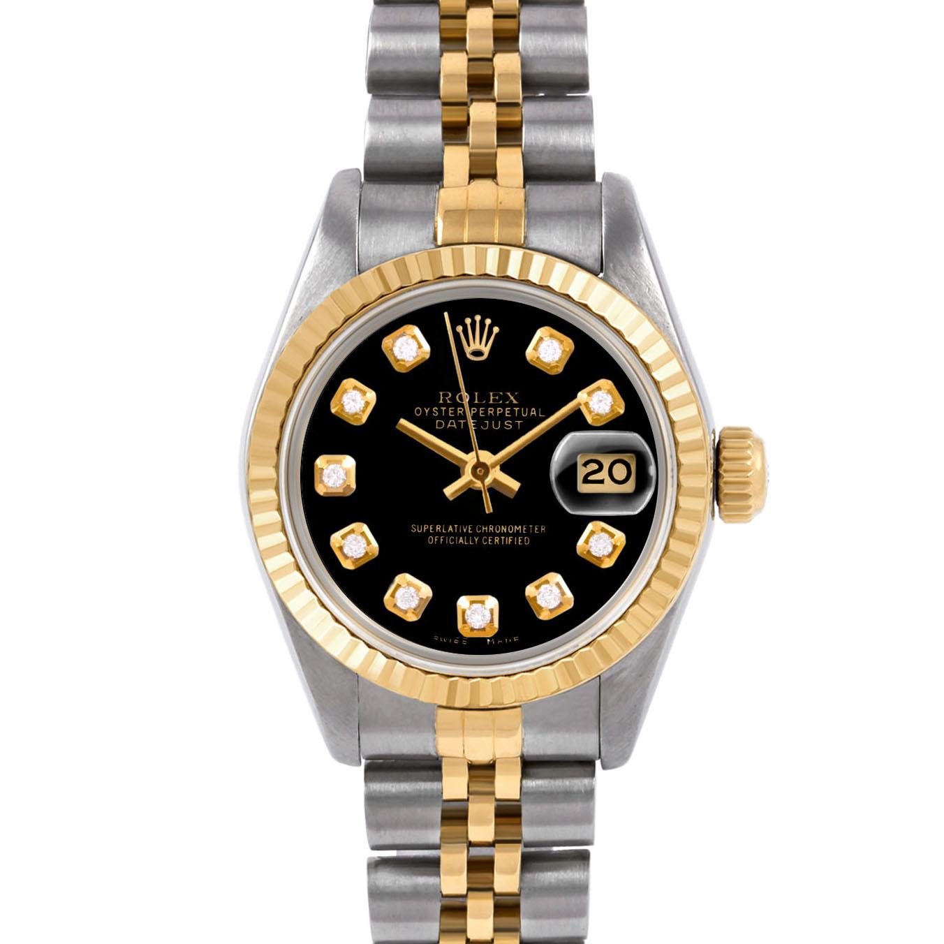 Rolex Ladies Two Tone Datejust Black Diamond Dial Fluted Bezel Jubilee 