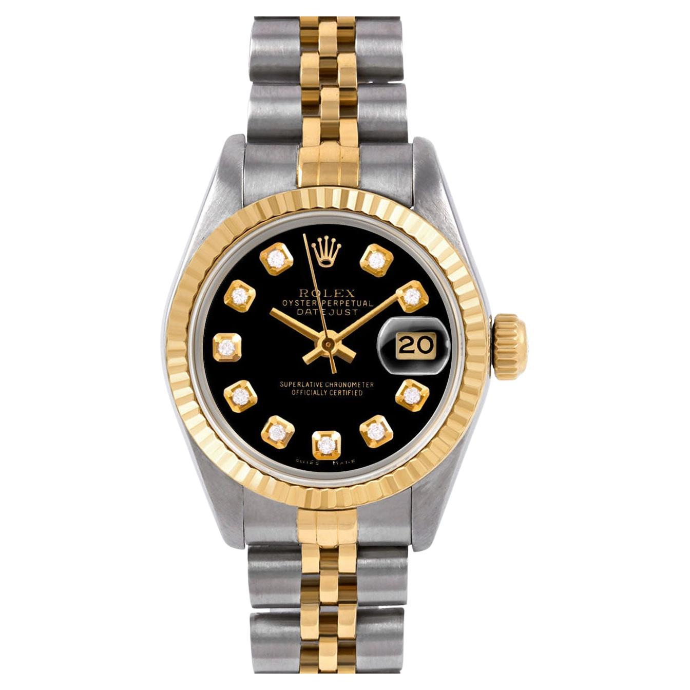 Rolex Ladies Two Tone Datejust Black Diamond Dial Fluted Bezel Jubilee Watch en vente