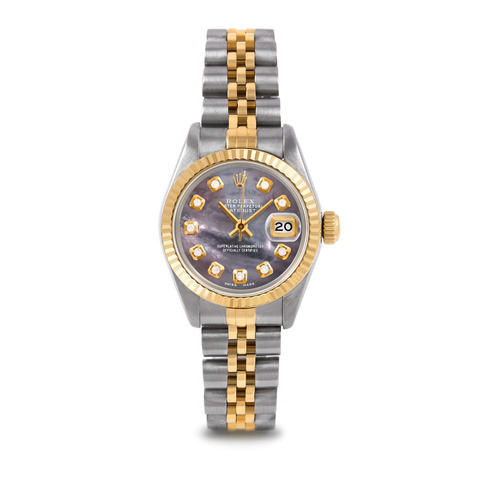 Perle Rolex Ladies Two Tone Datejust Black Mother of Pearl Diamond Dial Jubilee Watch en vente