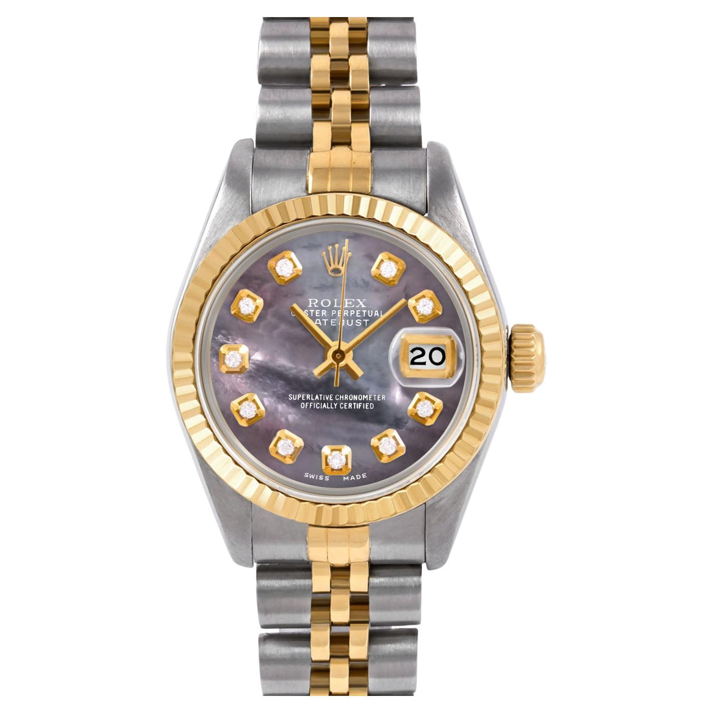 Rolex Ladies Two Tone Datejust Black Mother of Pearl Diamond Dial Jubilee Watch For Sale