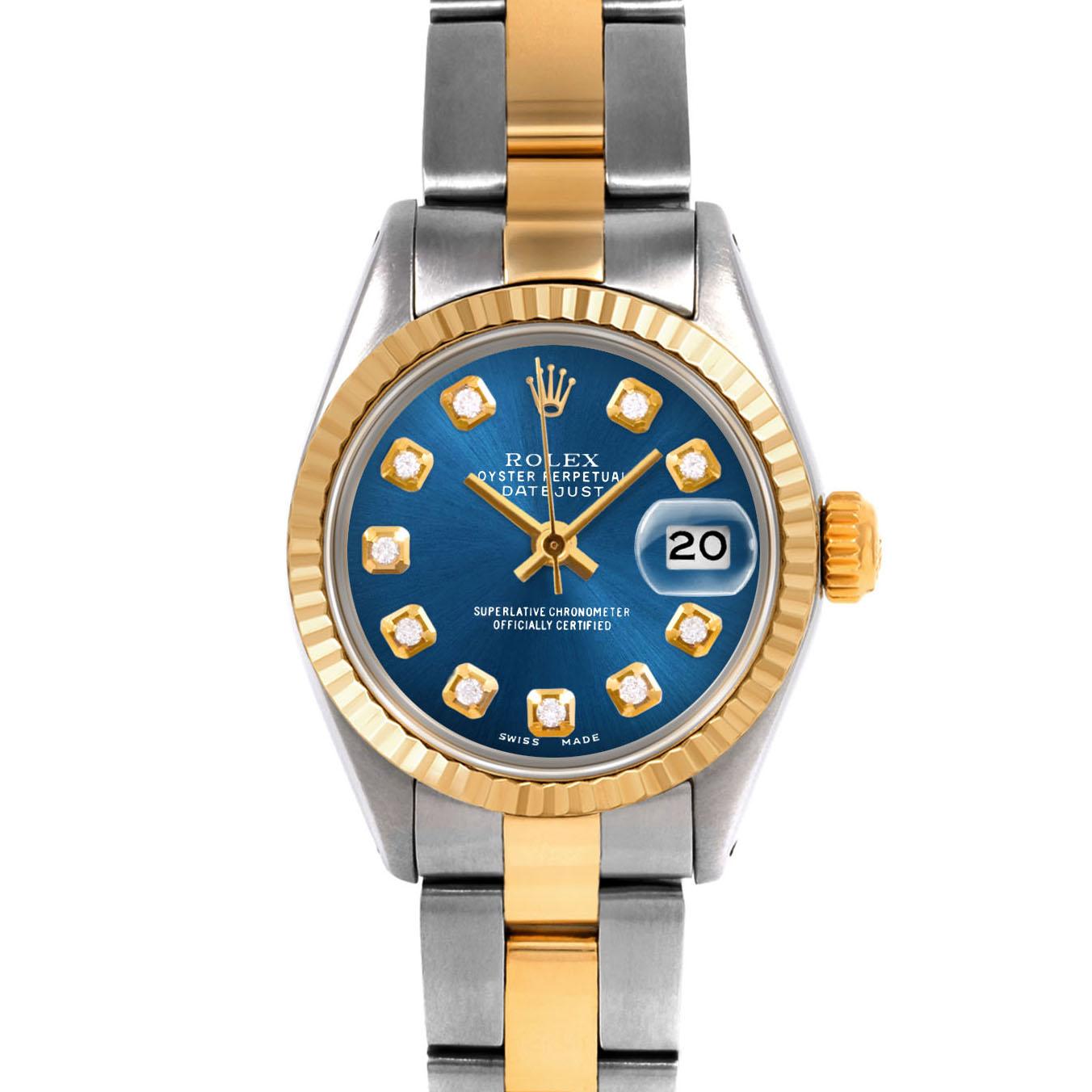 Swiss Wrist - SKU 6917-TT-BLU-DIA-AM-FLT-OYS

Brand : Rolex
Model : Datejust (Non-Quickset Model)
Gender : Ladies
Metals : 14K/Stainless Steel
Case Size : 26 mm

Dial : Custom Blue Diamond Dial (This dial is not original Rolex And has been added