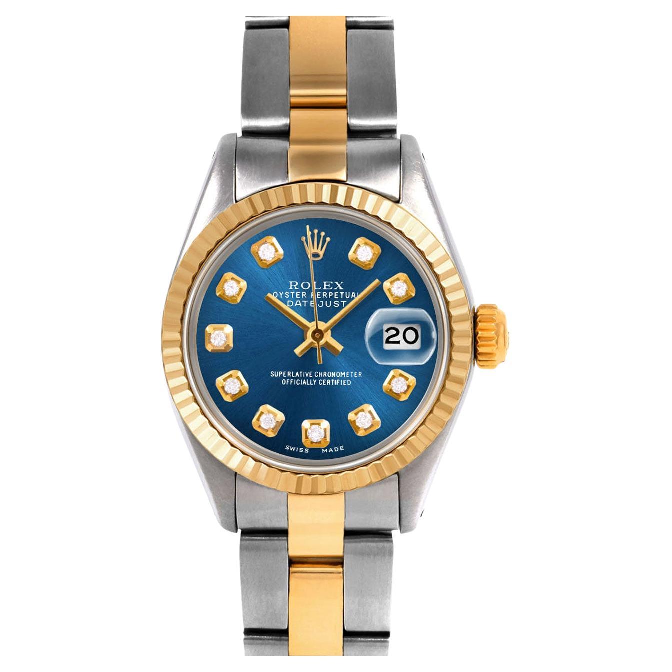 Rolex Ladies Two Tone Datejust Blue Diamond Dial Fluted Bezel Oyster Band Watch For Sale