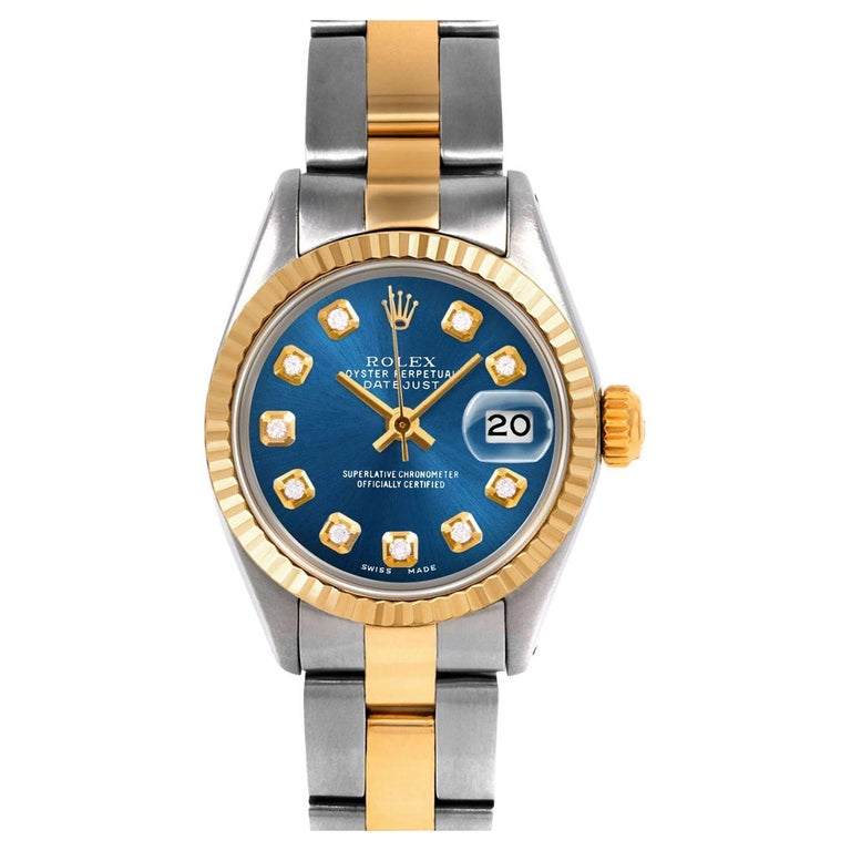 Rolex Montre-bracelet Oyster Datejust bicolore à lunette cannelée et cadran  en diamant bleu, pour femmes En vente sur 1stDibs