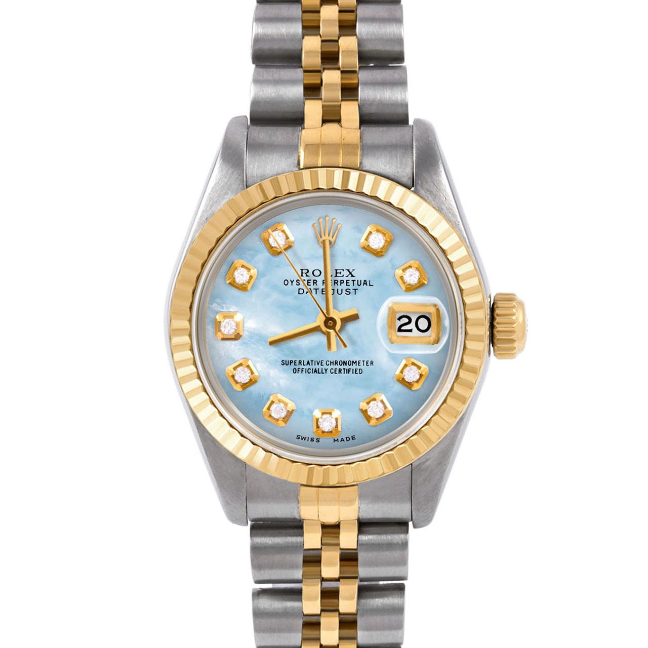 Swiss Wrist - SKU 6917-TT-LBMOP-DIA-AM-FLT-JBL

Brand : Rolex
Model : Datejust (Non-Quickset Model)
Gender : Ladies
Metals : 14K/Stainless Steel
Case Size : 26 mm

Dial : Custom Light Blue Mother Of Pearl Diamond Dial (This dial is not original