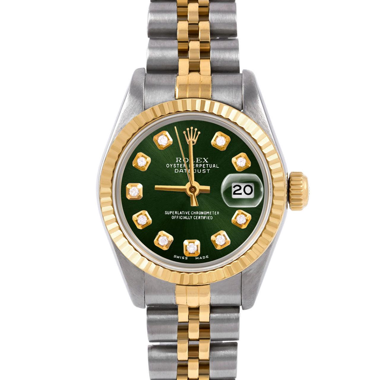 Swiss Wrist - SKU 6917-TT-GRN-DIA-AM-FLT-JBL

Brand : Rolex
Model : Datejust (Non-Quickset Model)
Gender : Ladies
Metals : 14K/Stainless Steel
Case Size : 26 mm

Dial : Custom Green Diamond Dial (This dial is not original Rolex And has been added