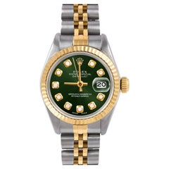 Vintage Rolex Ladies Two Tone Datejust Green Diamond Dial Fluted Bezel Jubilee Watch