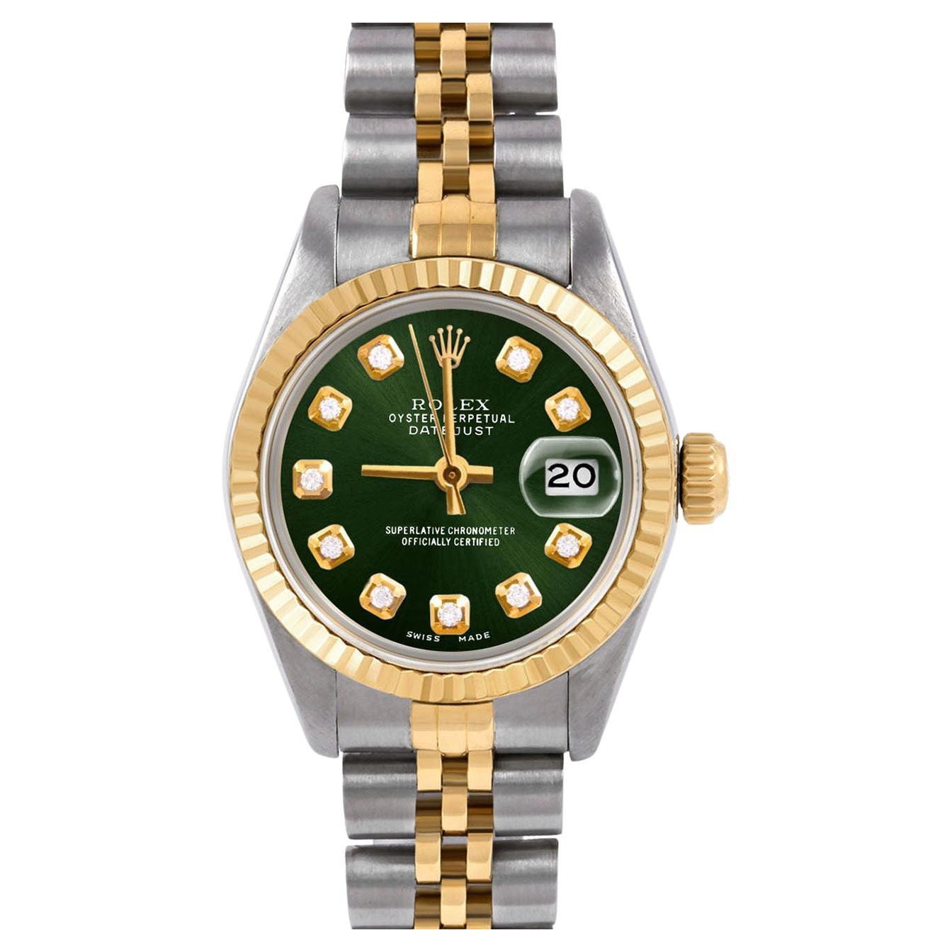 Rolex Ladies Two Tone Datejust Green Diamond Dial Fluted Bezel Jubilee Watch For Sale