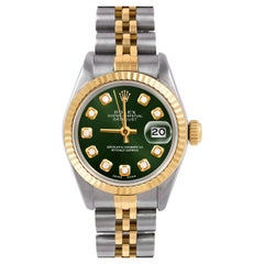 Rolex Montre Datejust pour femmes deux tons avec cadran vert et lunette cannelée avec diamants