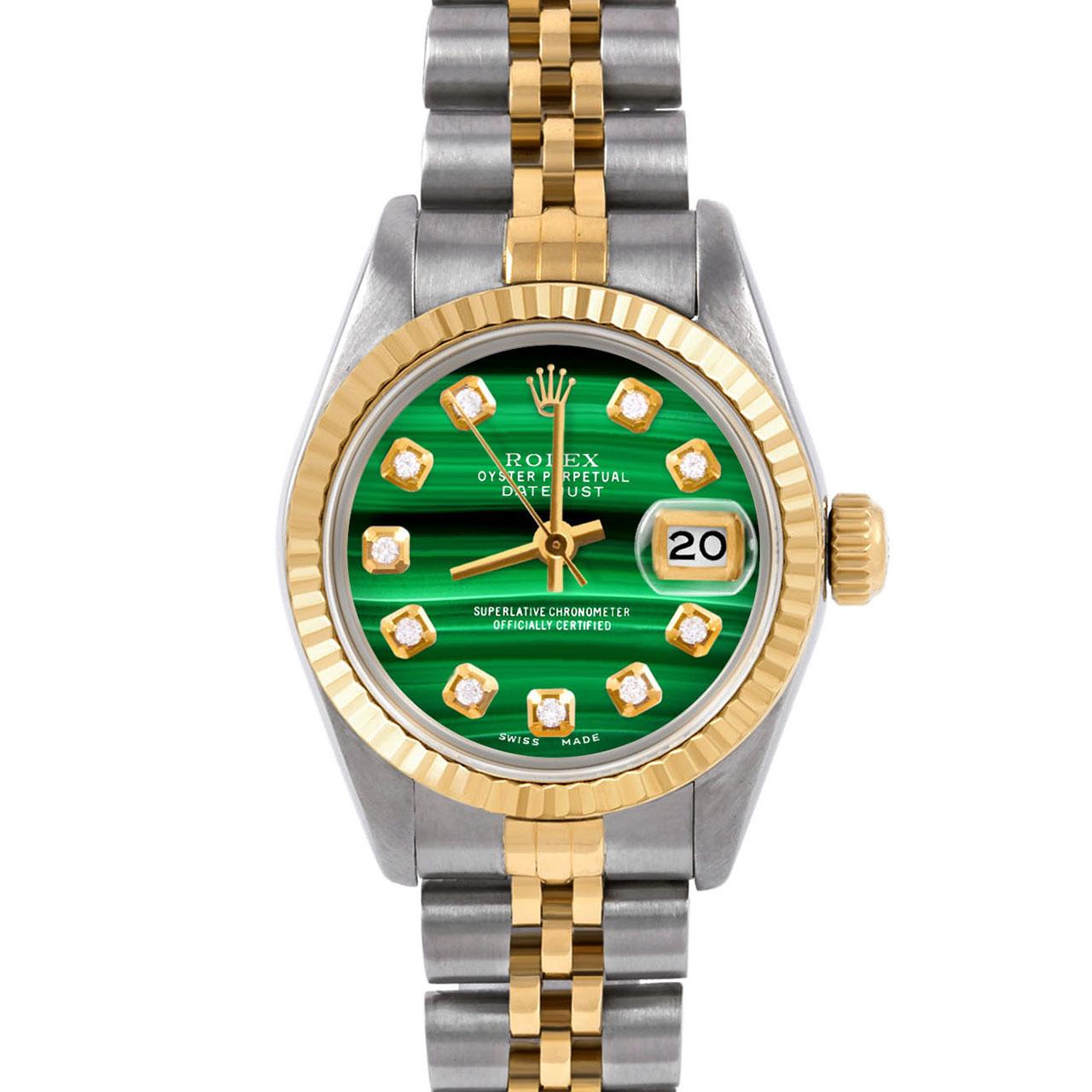 Swiss Wrist - SKU 6917-TT-MLC-DIA-AM-FLT-JBL

Brand : Rolex
Model : Datejust (Non-Quickset Model)
Gender : Ladies
Metals : 14K/Stainless Steel
Case Size : 26 mm

Dial : Custom Malachite Diamond Dial (This dial is not original Rolex And has been