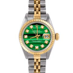 Rolex Ladies Two Tone Datejust Malachite Diamond Dial Fluted Bezel Jubilee Watch