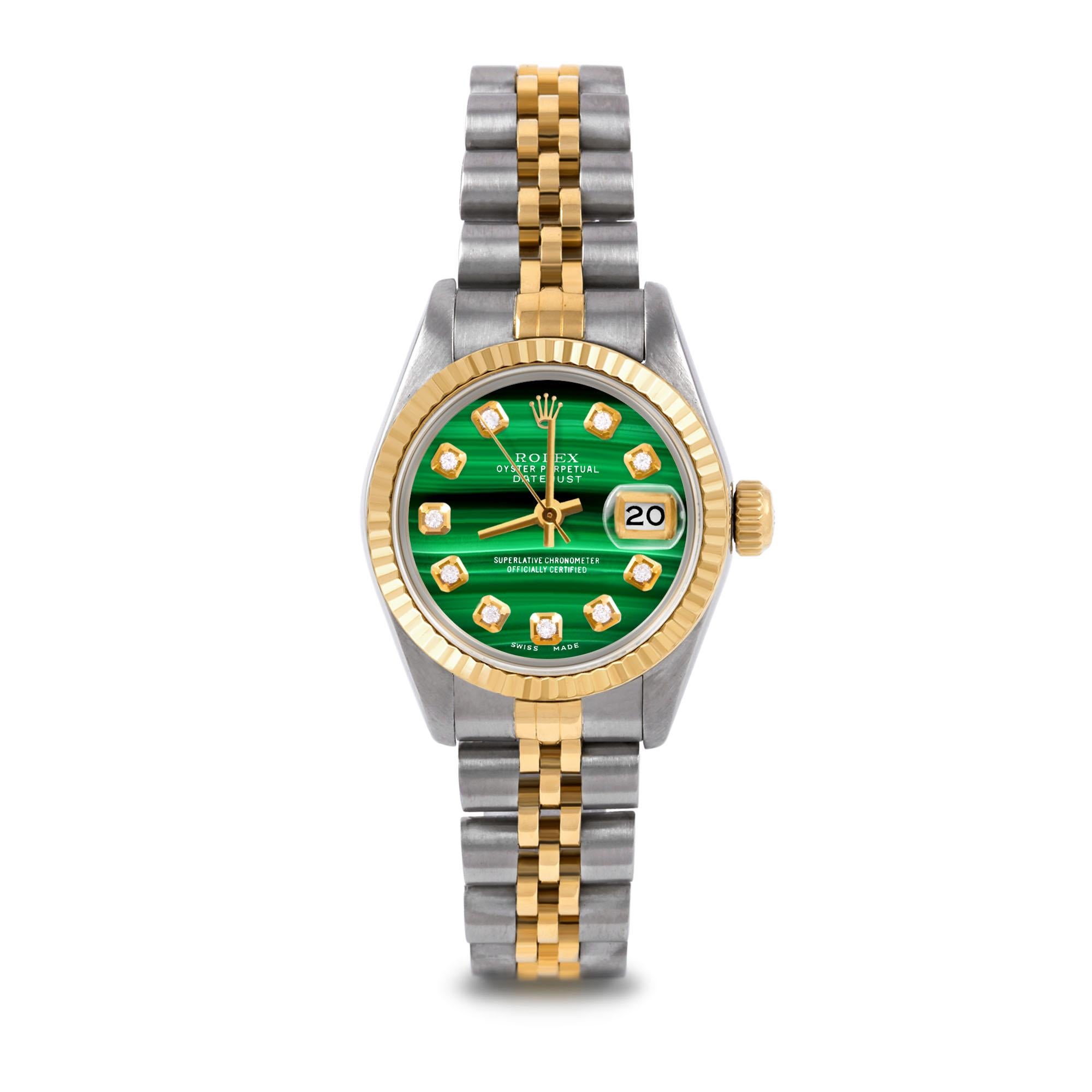 Bead Rolex Ladies Two Tone Datejust Malachite Diamond Dial Fluted Bezel Jubilee Watch For Sale