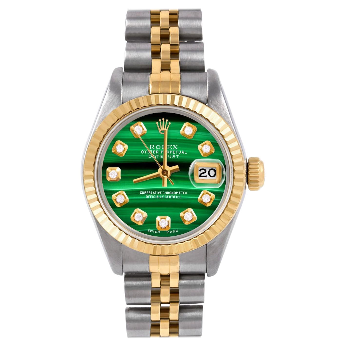 Rolex Montre Datejust Jubilee bicolore à lunette cannelée en malachite et diamants, pour femmes