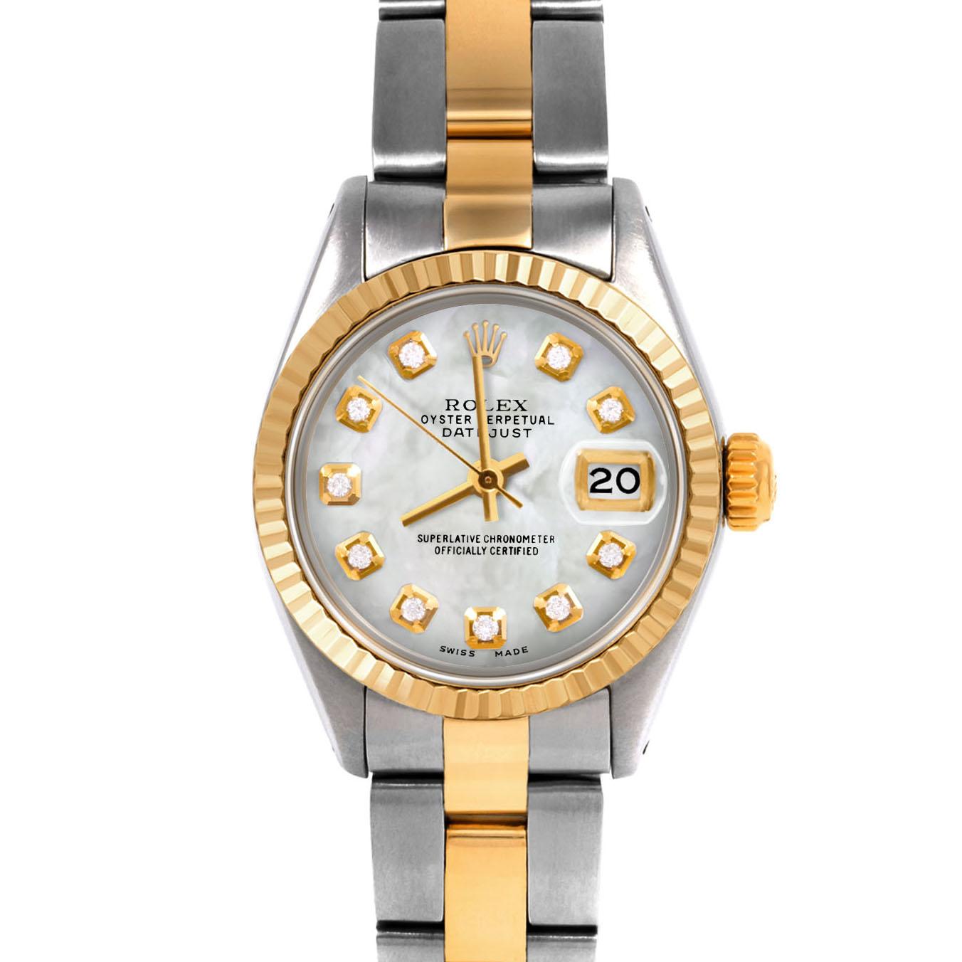 Swiss Wrist - SKU 6917-TT-WMOP-DIA-AM-FLT-OYS

Brand : Rolex
Model : Datejust (Non-Quickset Model)
Gender : Ladies
Metals : 14K/Stainless Steel
Case Size : 26 mm

Dial : Custom Mother Of Pearl Diamond Dial (This dial is not original Rolex And has