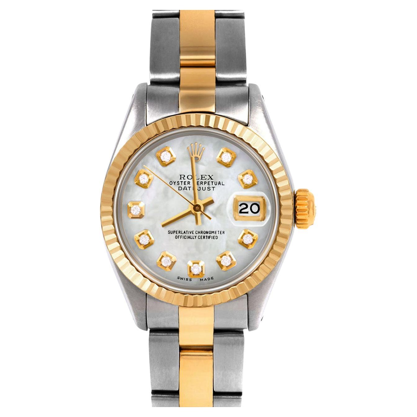 Rolex Ladies Two Tone Datejust MOP Diamond Dial Fluted Bezel Oyster Band Watch For Sale