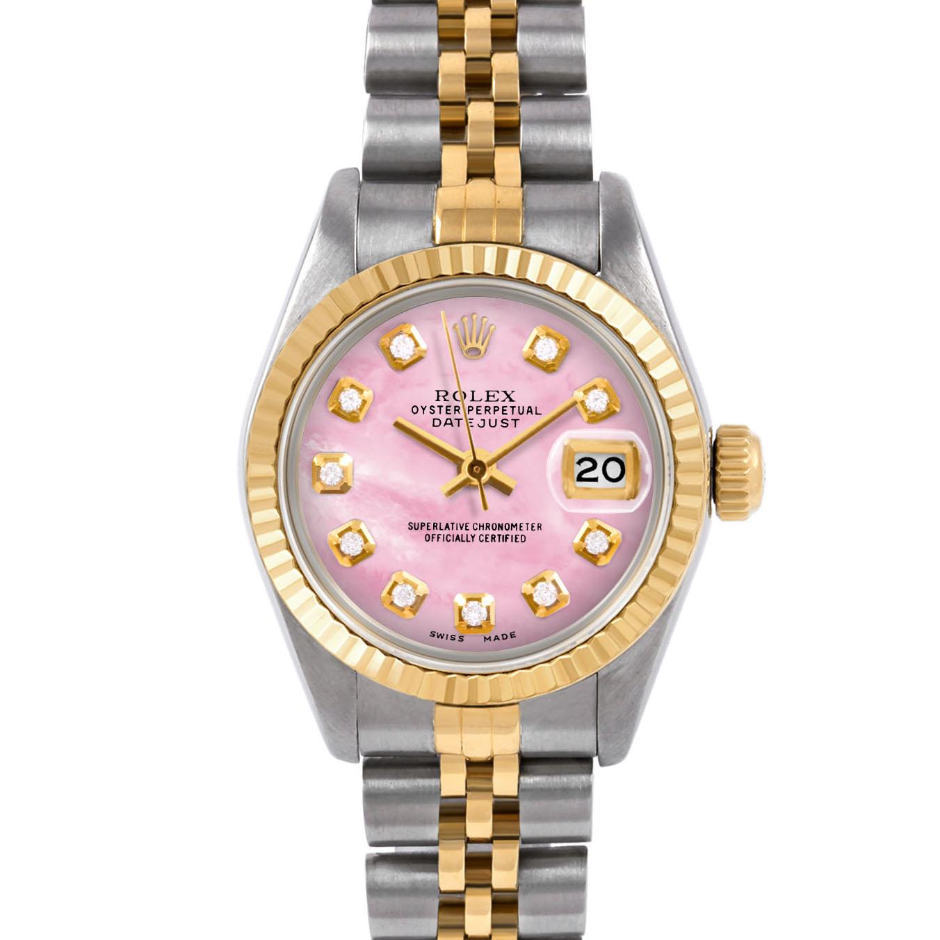 Swiss Wrist - SKU 6917-TT-WMOP-DIA-AM-FLT-JBL

Brand : Rolex
Model : Datejust (Non-Quickset Model)
Gender : Ladies
Metals : 14K/Stainless Steel
Case Size : 26 mm

Dial : Custom Pink Mother Of Pearl Diamond Dial (This dial is not original Rolex And