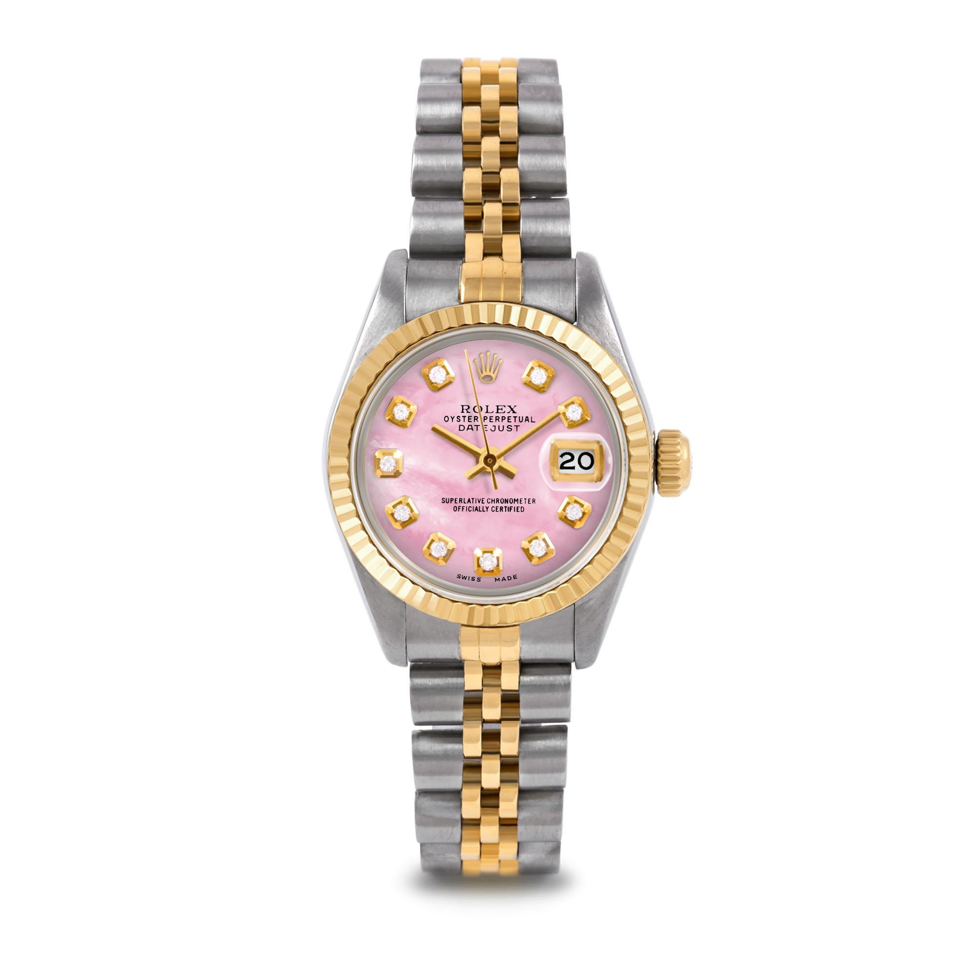Perle Rolex Ladies Two Tone Datejust Mother of Pearl Diamond Dial Jubilee Band Watch en vente