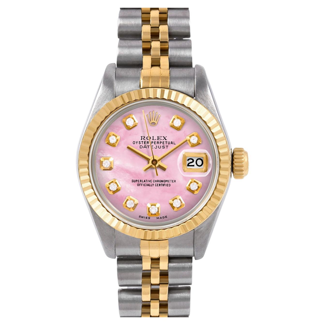 Rolex Ladies Two Tone Datejust Mother of Pearl Diamond Dial Jubilee Band Watch For Sale