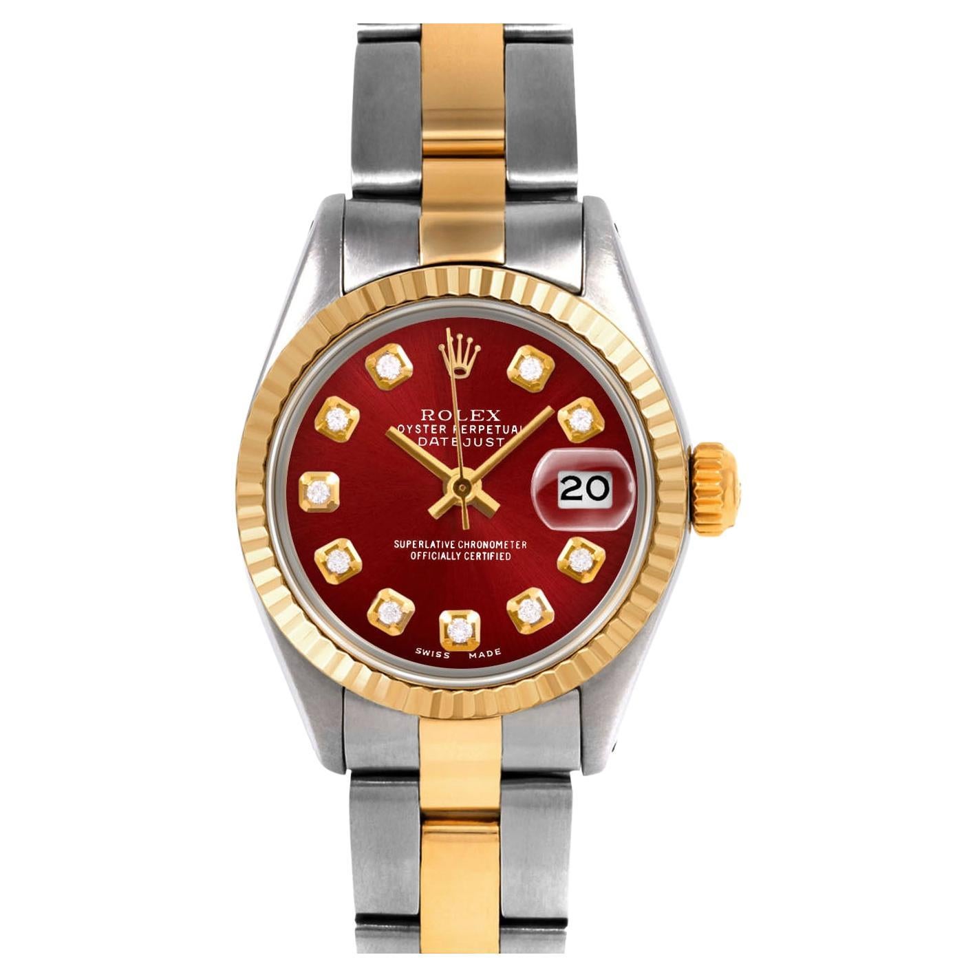 Rolex Ladies Two Tone Datejust Red Diamond Dial Fluted Bezel Oyster Band Watch For Sale