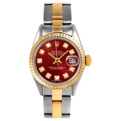 Rolex Ladies Two Tone Datejust Red Diamond Dial Fluted Bezel Oyster Band Watch