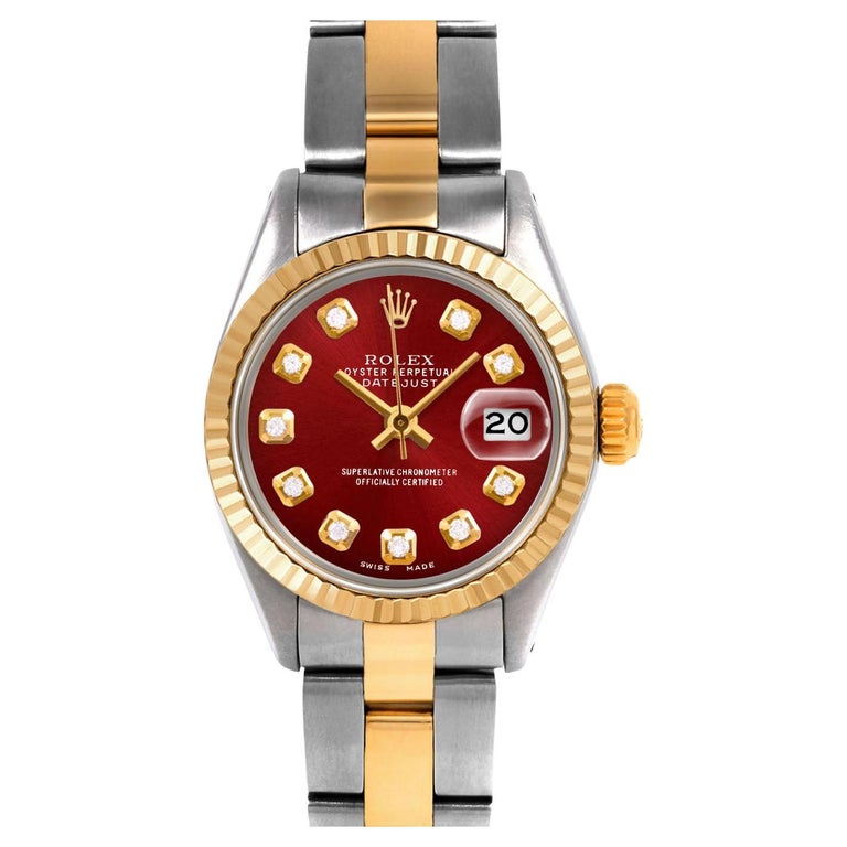 Rolex Damen zweifarbige Austernbanduhr, Datejust Rotes Diamant-Zifferblatt,  geriffelte Lünette im Angebot bei 1stDibs