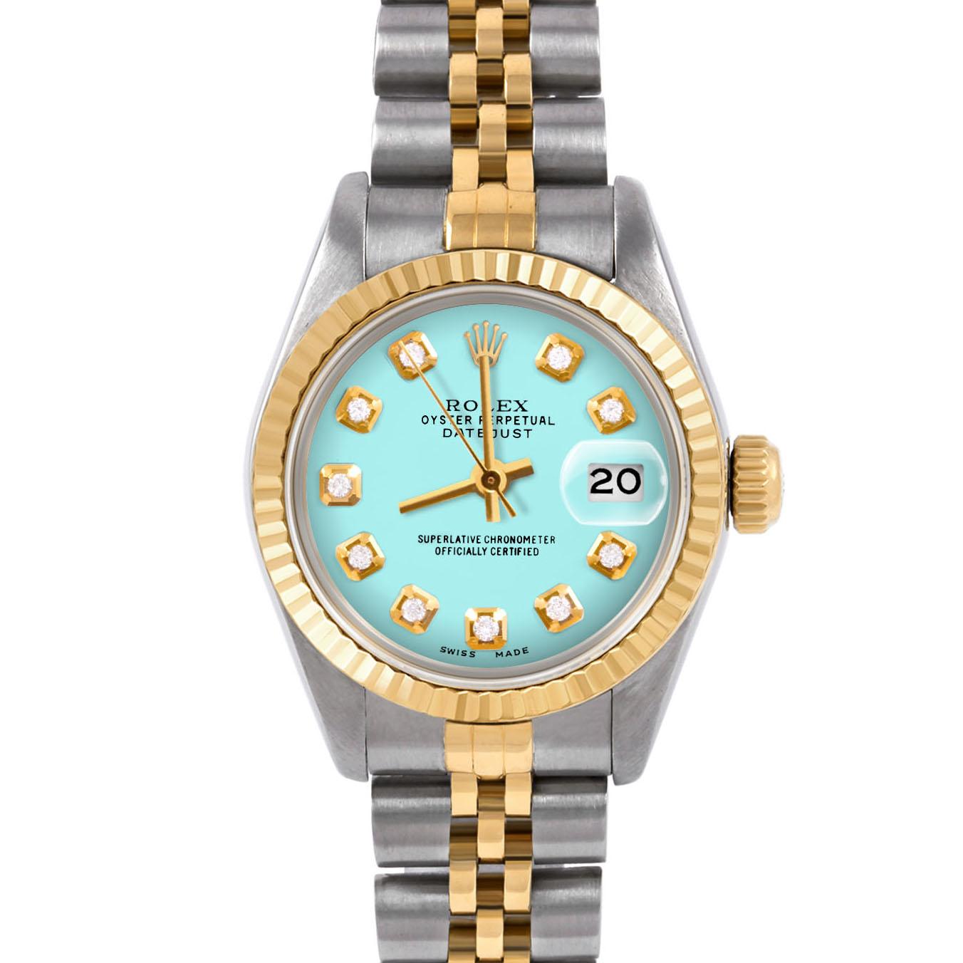 Swiss Wrist - SKU 6917-TT-TRQ-DIA-AM-FLT-JBL

Brand : Rolex
Model : Datejust (Non-Quickset Model)
Gender : Ladies
Metals : 14K/Stainless Steel
Case Size : 26 mm

Dial : Custom Turquoise Diamond Dial (This dial is not original Rolex And has been