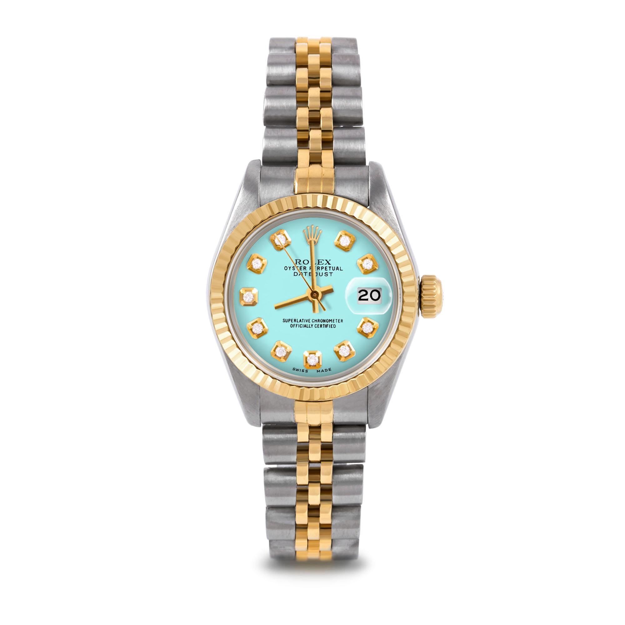 Bead Rolex Ladies Two Tone Datejust Turquoise Diamond Dial Fluted Bezel Jubilee Watch For Sale