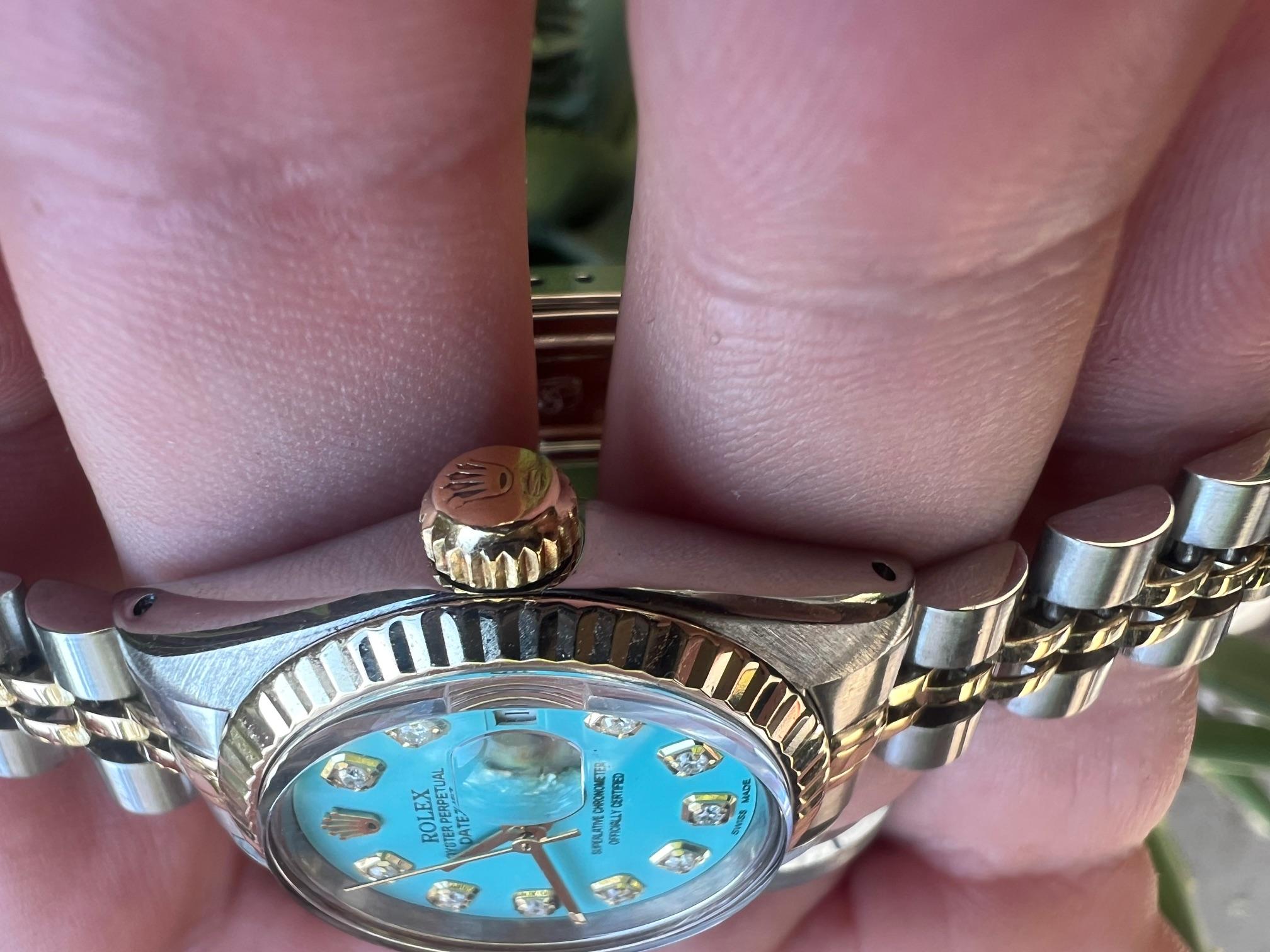 Women's Rolex Ladies Two Tone Datejust Turquoise Diamond Dial Fluted Bezel Jubilee Watch For Sale