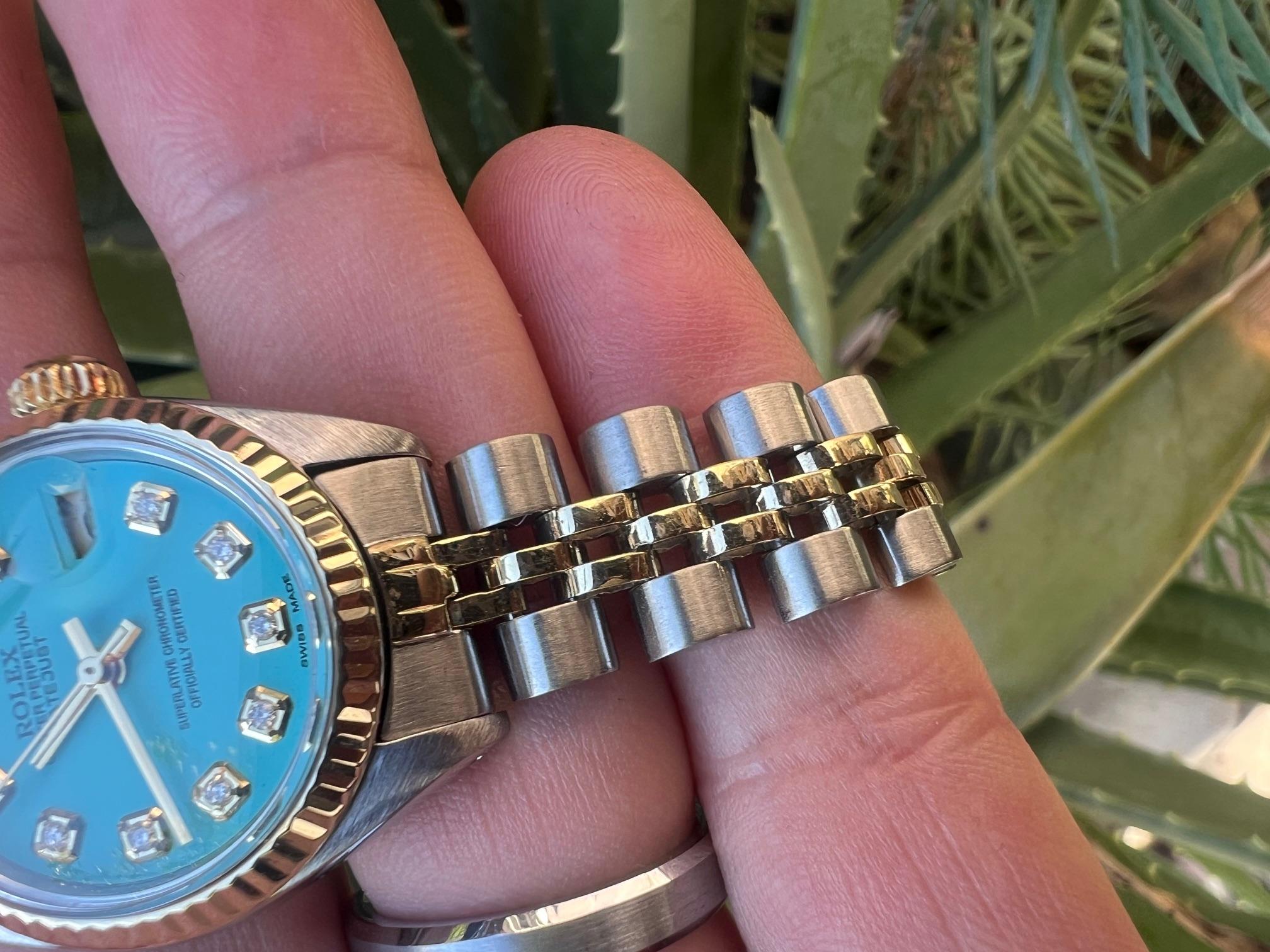 Rolex Ladies Two Tone Datejust Turquoise Diamond Dial Fluted Bezel Jubilee Watch For Sale 1