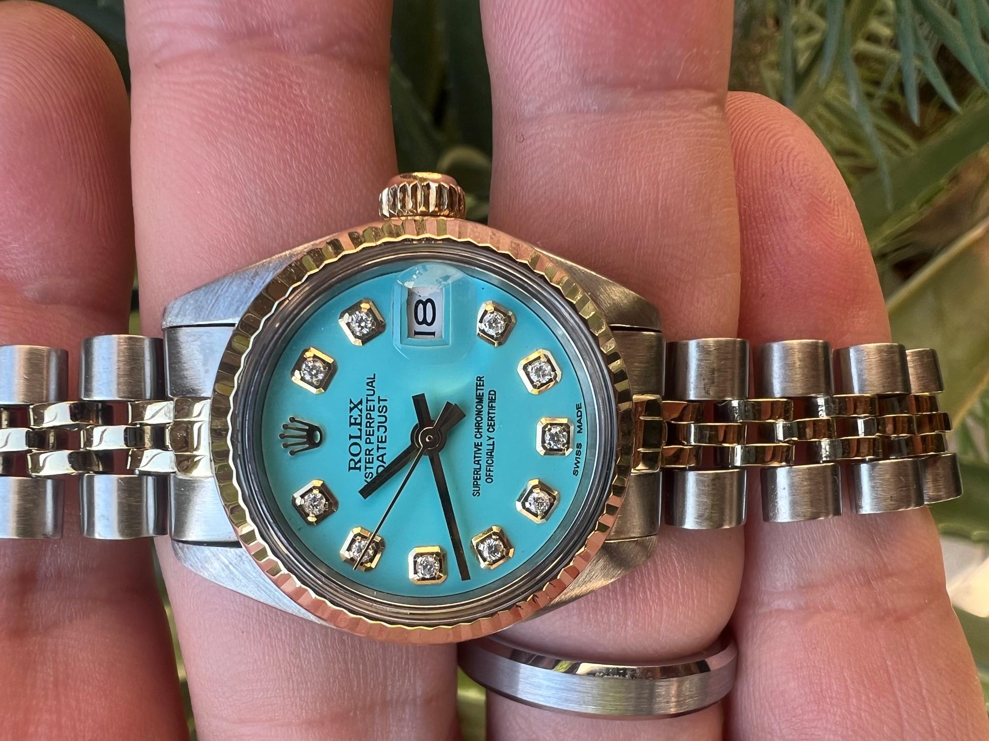 Rolex Ladies Two Tone Datejust Turquoise Diamond Dial Fluted Bezel Jubilee Watch For Sale 3