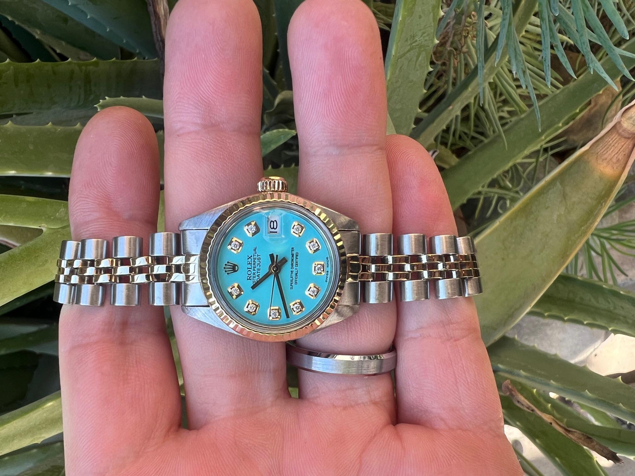 Rolex Ladies Two Tone Datejust Turquoise Diamond Dial Fluted Bezel Jubilee Watch For Sale 4