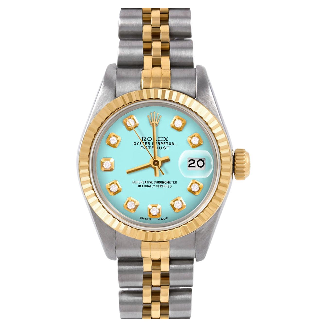Rolex Ladies Two Tone Datejust Turquoise Diamond Dial Fluted Bezel Jubilee Watch For Sale