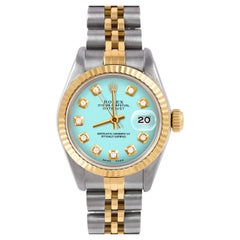 Retro Rolex Ladies Two Tone Datejust Turquoise Diamond Dial Fluted Bezel Jubilee Watch