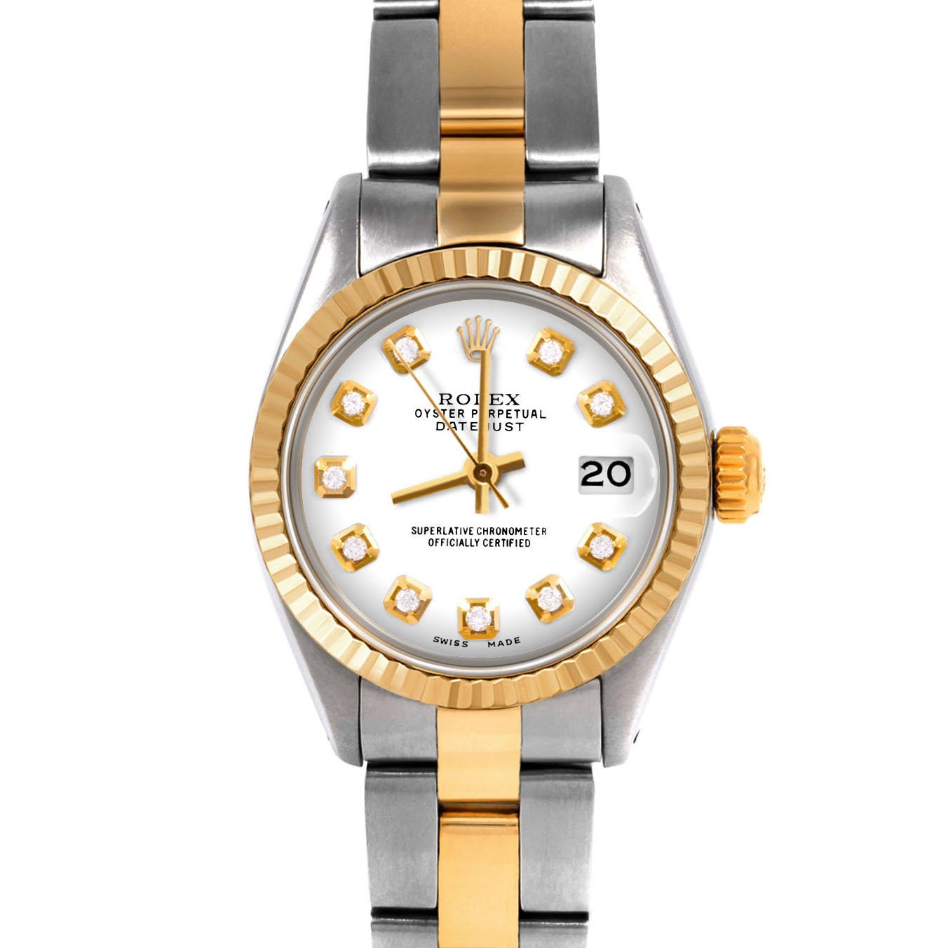 Swiss Wrist - SKU 6917-TT-WHT-DIA-AM-FLT-OYS

Brand : Rolex
Model : Datejust (Non-Quickset Model)
Gender : Ladies
Metals : 14K/Stainless Steel
Case Size : 26 mm

Dial : Custom White Diamond Dial (This dial is not original Rolex And has been added
