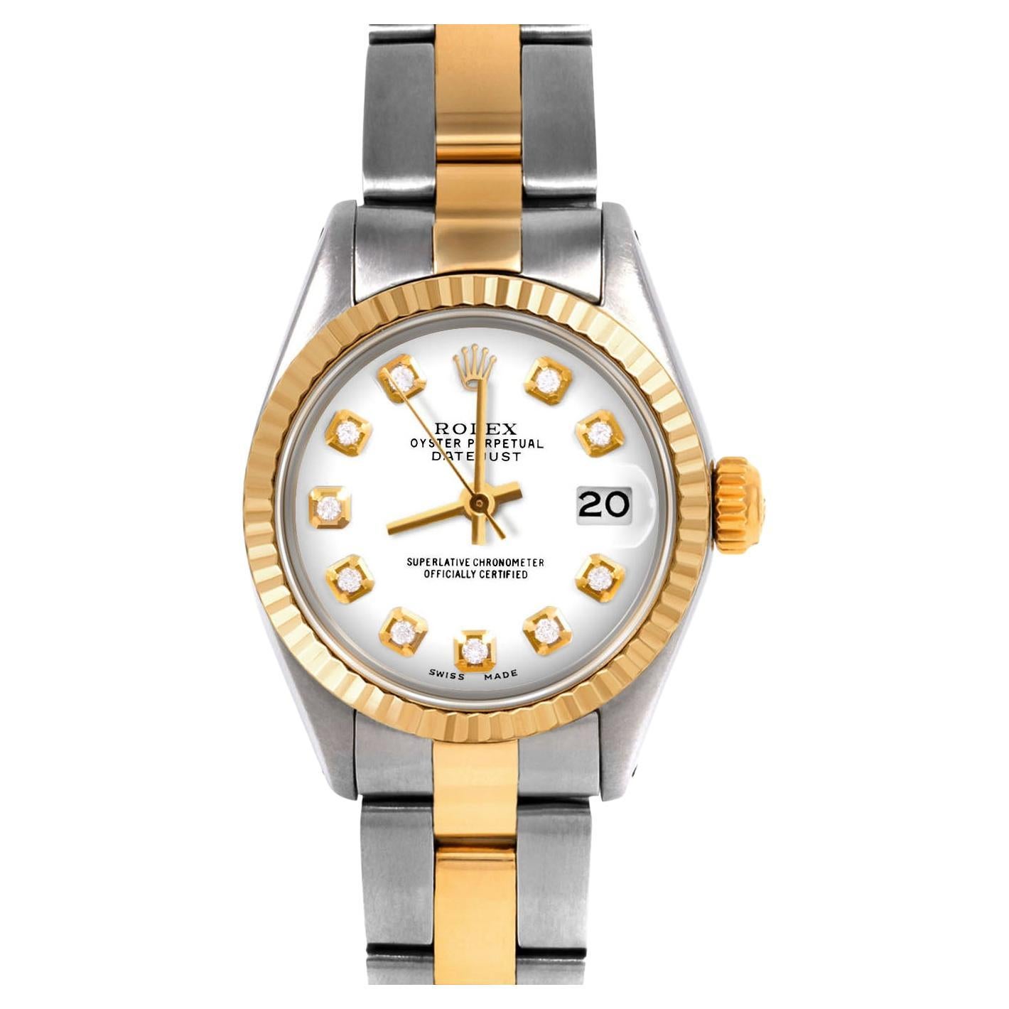 Rolex Montre-bracelet Oyster Datejust bicolore à lunette cannelée et cadran en diamants blancs pour femmes en vente