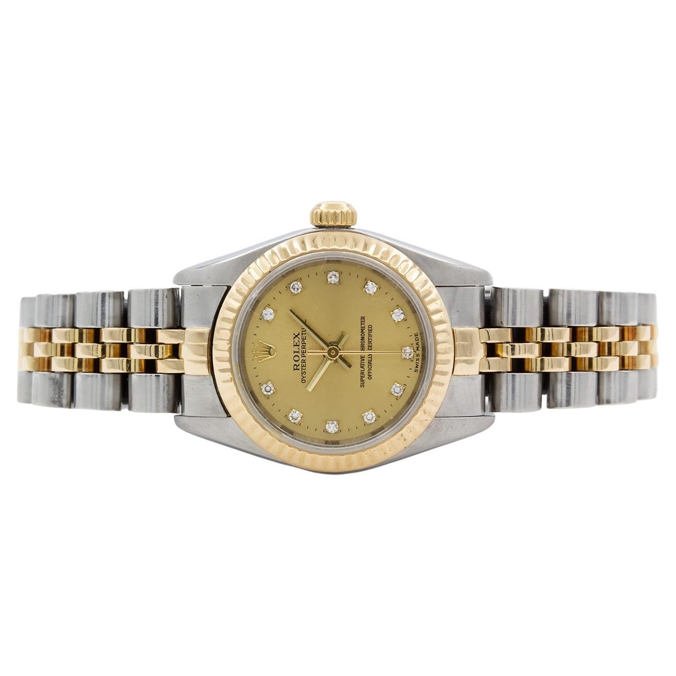 Rolex Ladies Two Tone Oyster Perpetual 76193 Automatic Champagne Diamond Dial