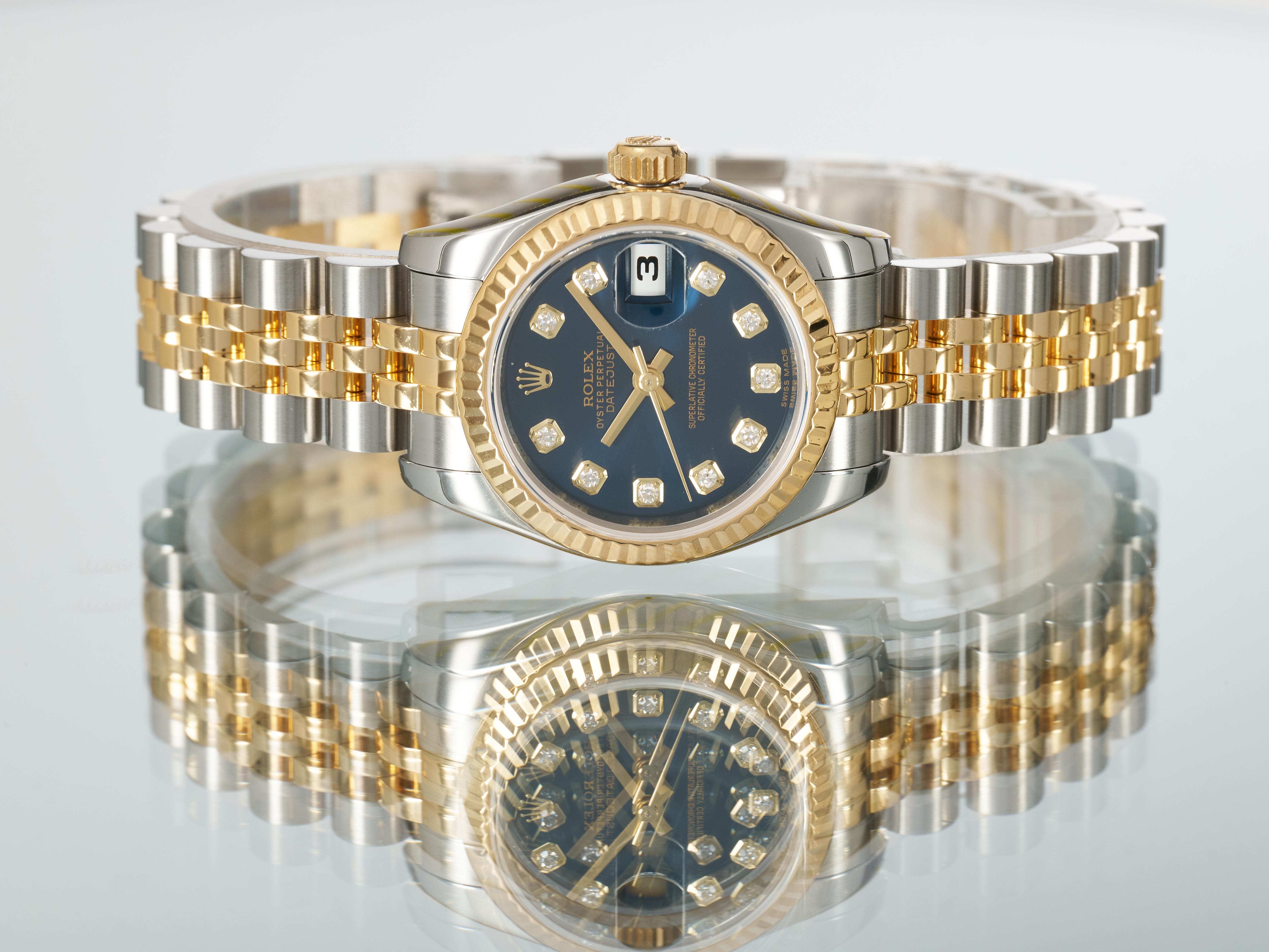 Rolex Damenuhr Datejust 26mm geriffelte Goldstahl blaues Diamant-Zifferblatt FS 179173 im Angebot 1
