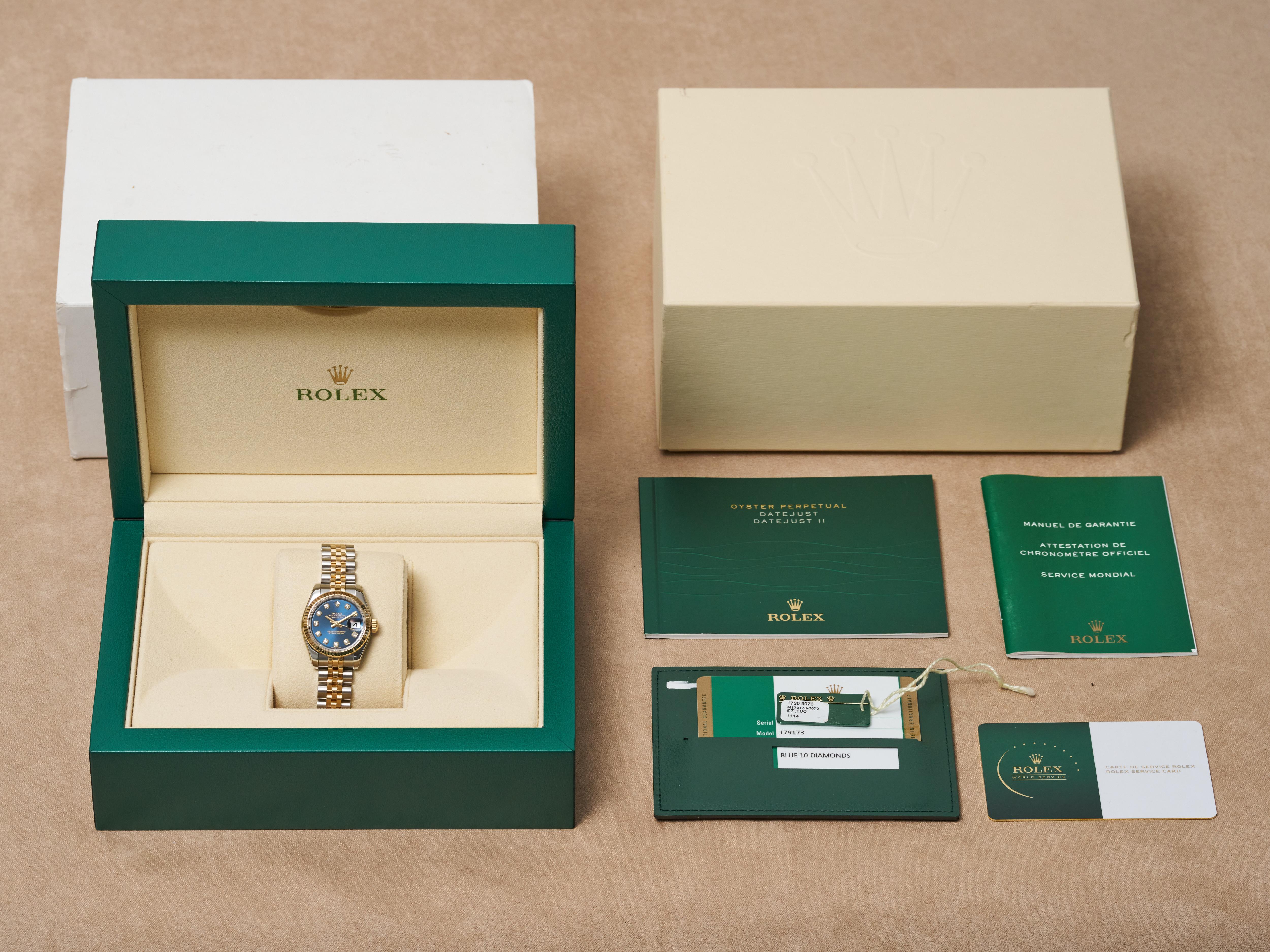 Rolex Damenuhr Datejust 26mm geriffelte Goldstahl blaues Diamant-Zifferblatt FS 179173 im Angebot 5