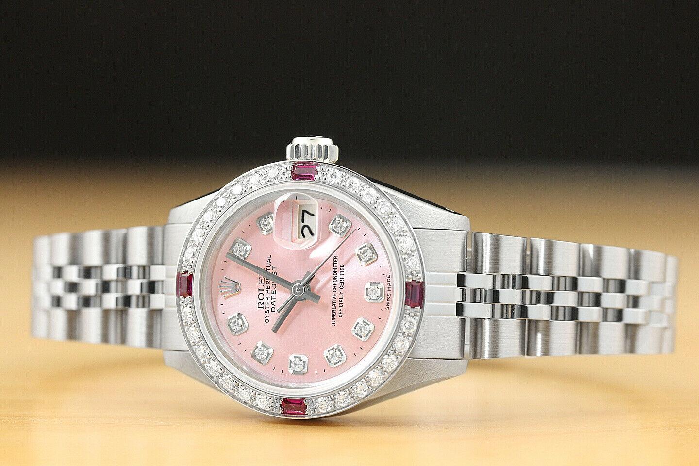 Round Cut Rolex Ladies Watch Datjust Ruby Diamond 18 Karat White Gold For Sale