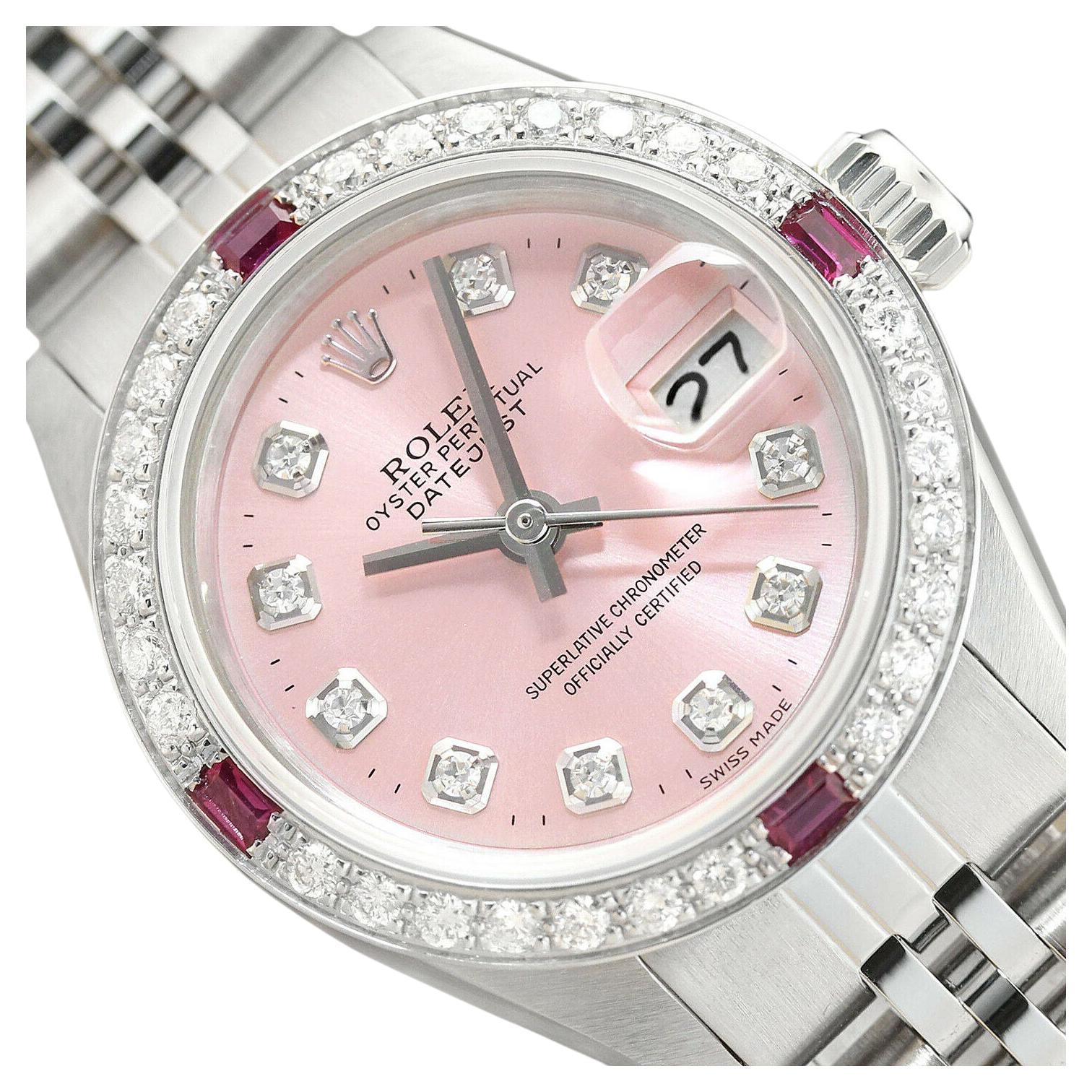 Rolex Ladies Watch Datjust Ruby Diamond 18 Karat White Gold For Sale