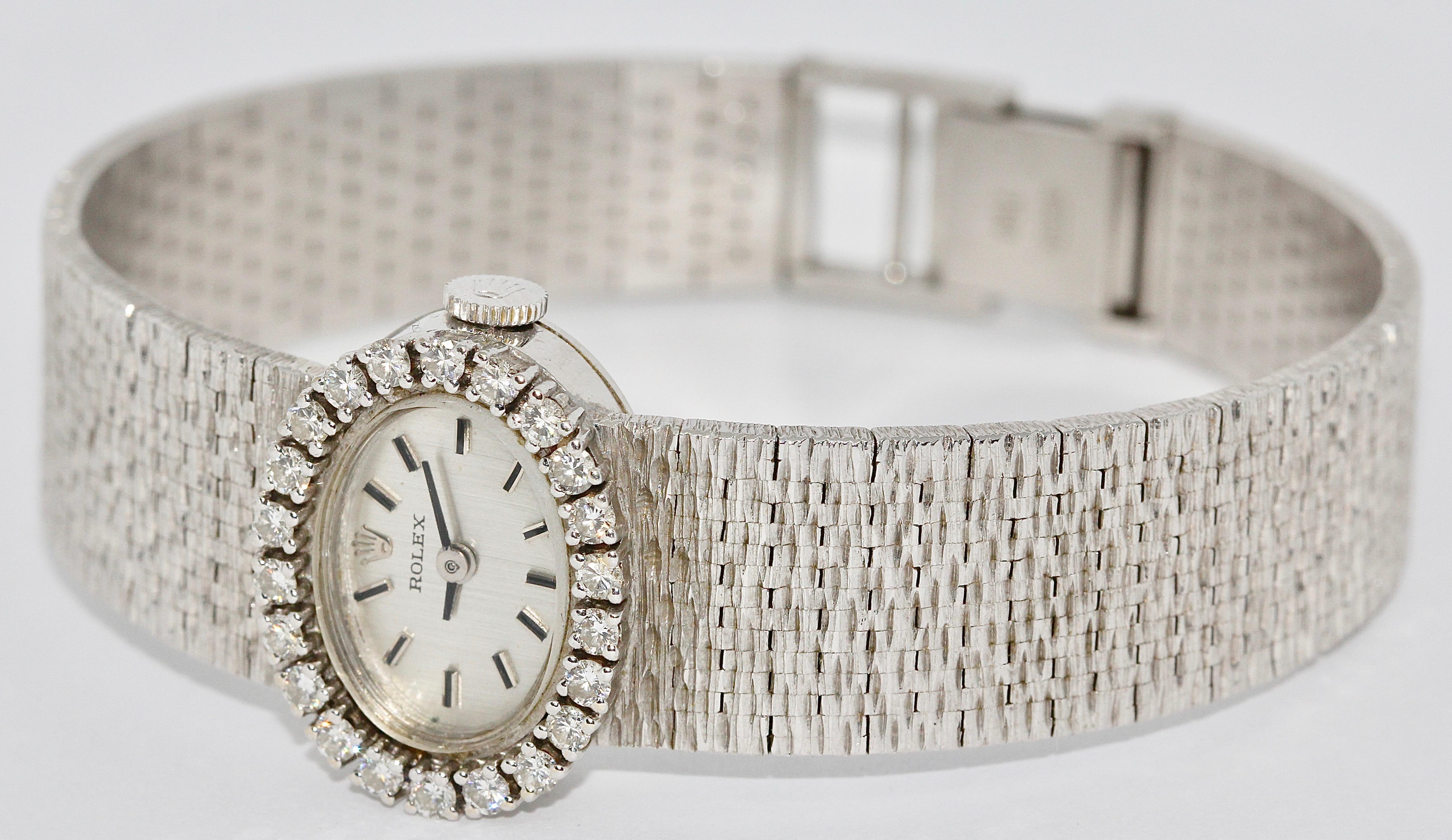 Round Cut Rolex Ladies Wristwatch, 18 Karat White Gold, with Diamonds, Manual Wind