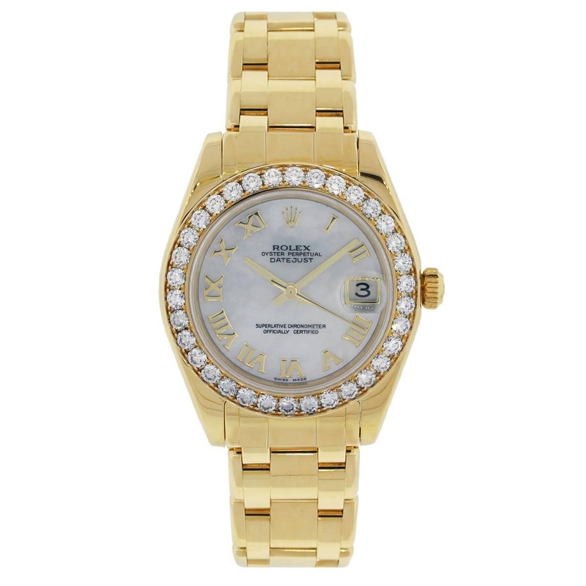 Brand: Rolex
MPN: 81298
Model: Datejust Masterpiece (midsize)
Case Material: 18k yellow gold
Case Diameter: 34mm
Crystal: Scratch resistant sapphire
Bezel: Round brilliant diamond bezel (factory)
Dial: Mother of pearl roman dial with gold hands and