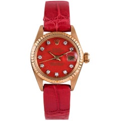 Rolex Ladies Yellow Gold Datejust Red Diamond Stella Dial Wristwatch